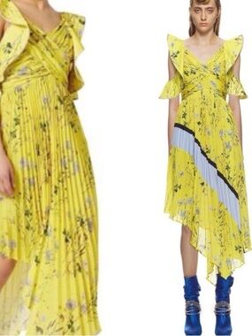 Self-Portrait Yellow Floral Asymmetric Pleated Dress with Blue Panel